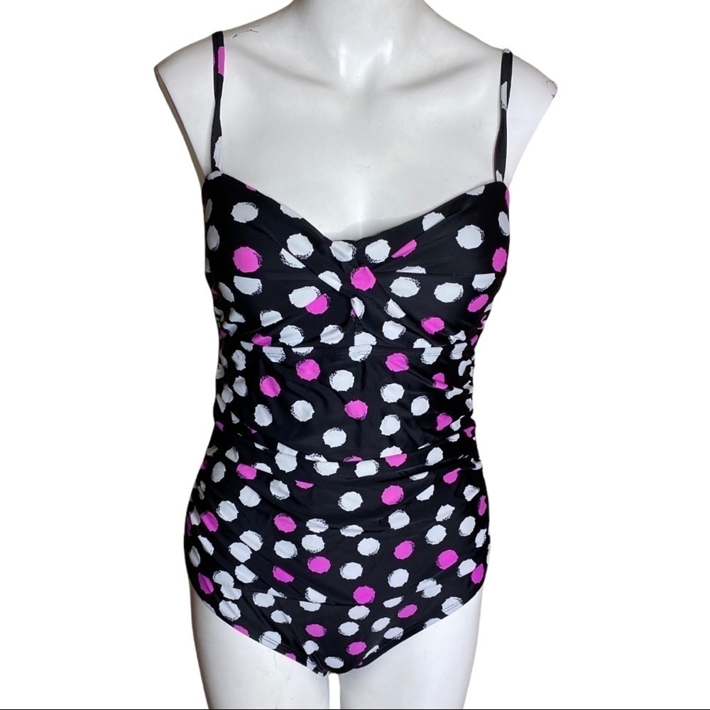 Catalina Swimsuit One Piece Polka Dot Black Pink & White Ruched Slimming - Picture 1 of 8